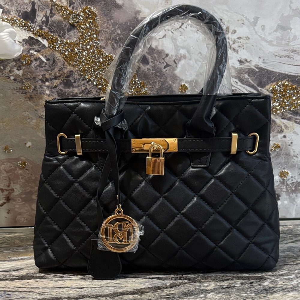 Badgley Mischka Black Quilted Satchel with Gold Accents